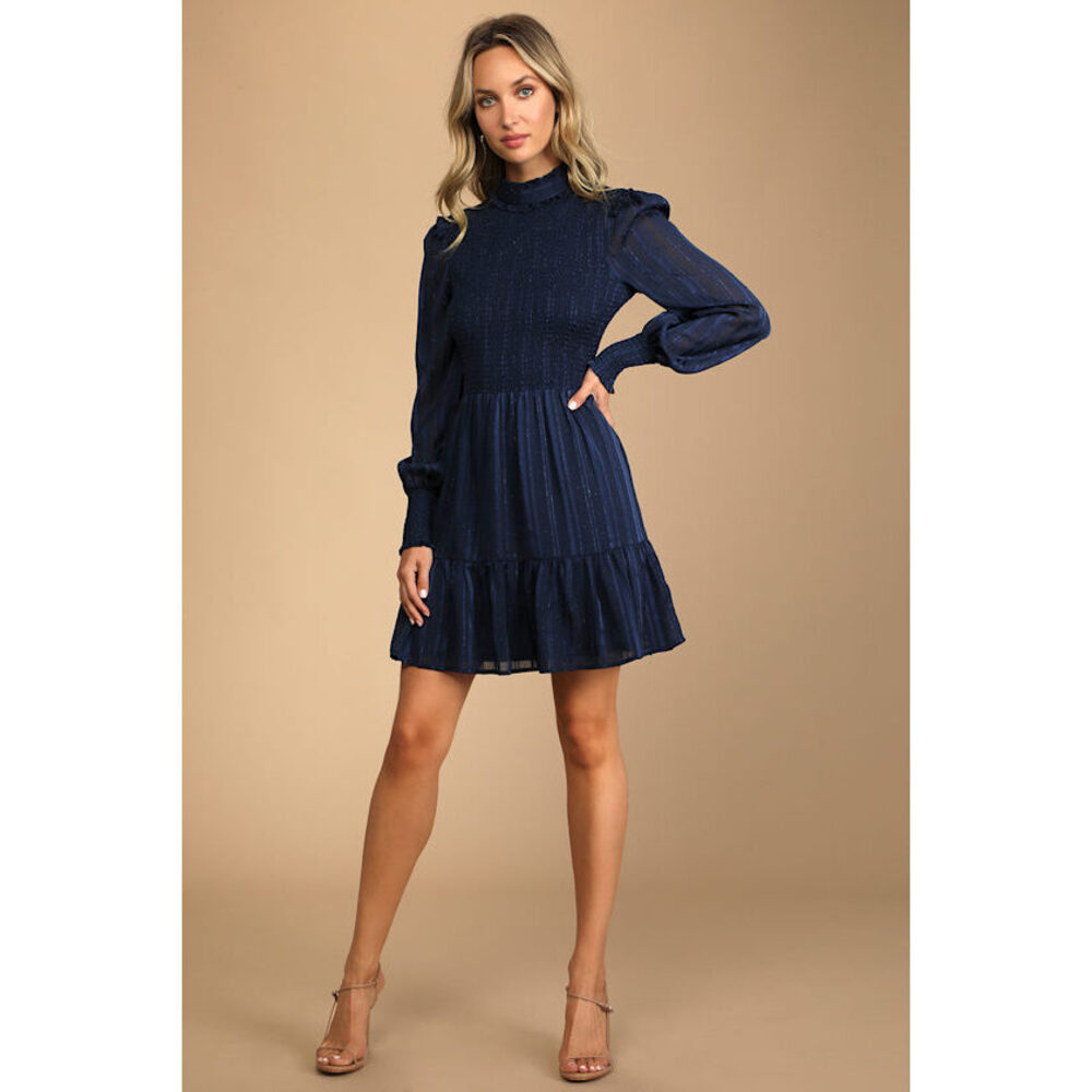Lulus Heartful Romance Navy Striped Smocked Long Sleeve Mini Dress Blue - Size S